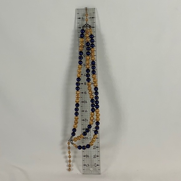 Vintage Bead Necklace Sapphire Blue Moon Glow and Gold - Clip Cluster Earrings - Picture 13 of 14